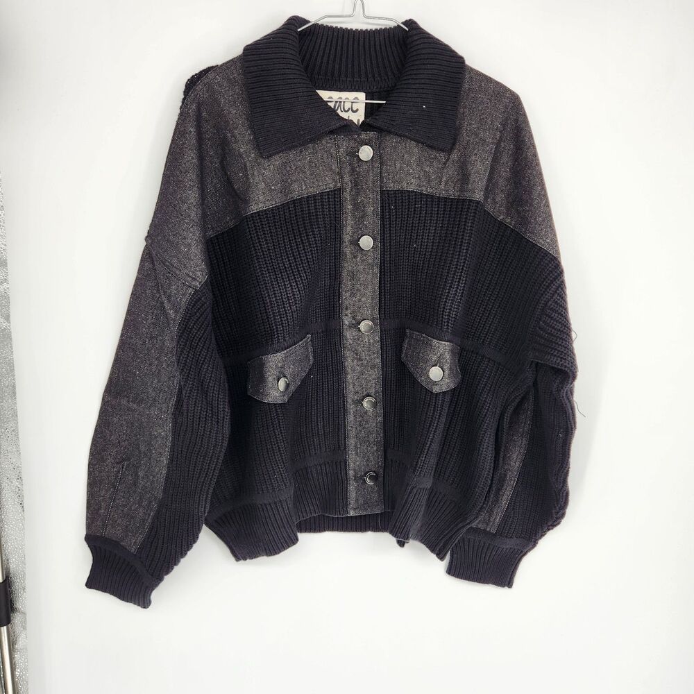 Peace Love World Women's Large Black Cardigan Denim Detail Sweater NWT
